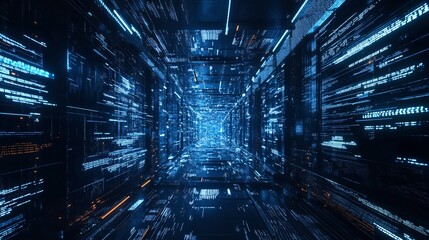 Futuristic Digital Tunnel with Data Streams and Code Glowing in Blue Light