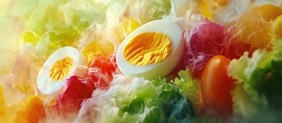 Fresh salad with hard-boiled eggs, cherry tomatoes, and mixed lettuce leaves on a blurred background