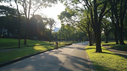 Fototapeta premium Serene Cyclist on Sun-Dappled Park Path