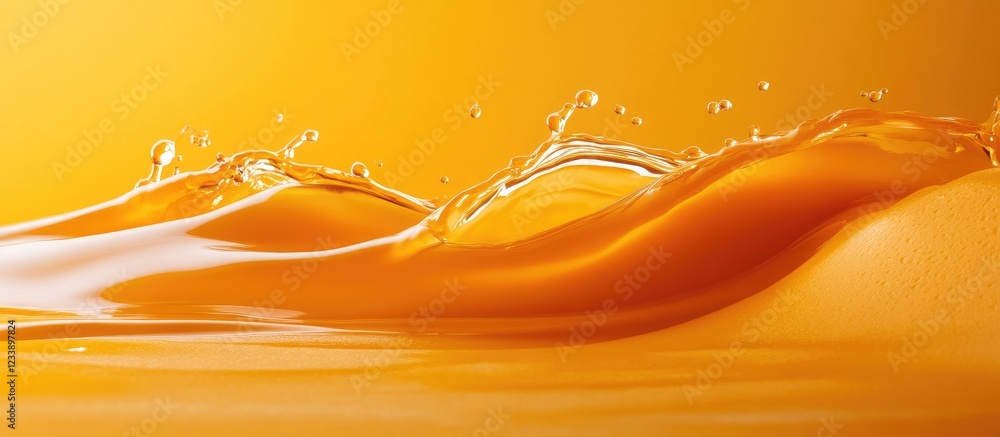 Poster refreshing orange juice splash with droplets against a vibrant yellow backdrop ideal for text overla