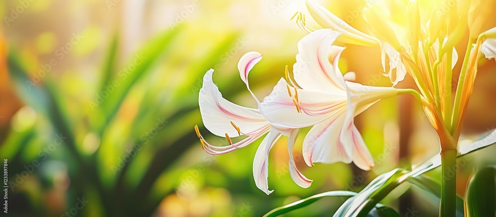 Poster white lily flower in soft focus with green foliage background and sunlight creating a warm atmospher