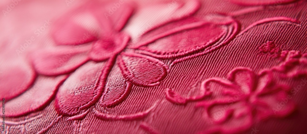 Poster red fabric with floral embroidery details close up texture background with soft focus and depth of f