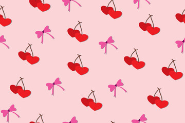 Valentine's Day | Seamless cherry and red ribbon bow pattern | Pink Sakura flower, Heart cherry | Design for pillow, blanket, rug, carpet, fabric, fashion, clothing, wallpaper, accessory