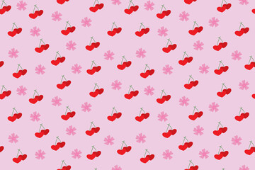 Valentine's Day | Seamless cherry and red ribbon bow pattern | Pink Sakura flower, Heart cherry | Design for pillow, blanket, rug, carpet, fabric, fashion, clothing, wallpaper, accessory