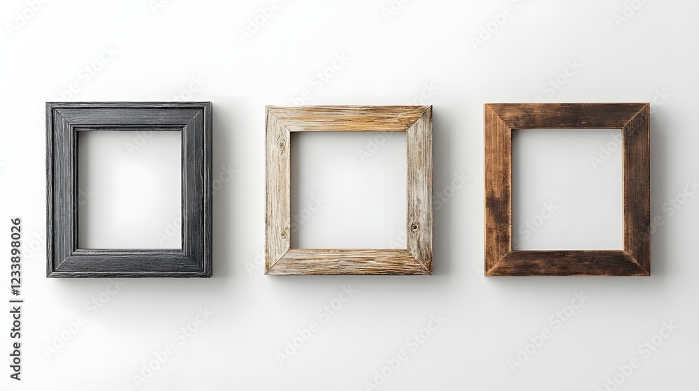Poster trio of vintage rustic wooden frames in different tones and finishes arranged on a clean white backg