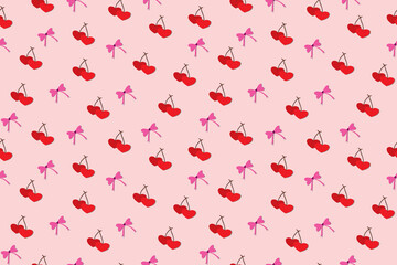 Valentine's Day | Seamless cherry and red ribbon bow pattern | Pink Sakura flower, Heart cherry | Design for pillow, blanket, rug, carpet, fabric, fashion, clothing, wallpaper, accessory