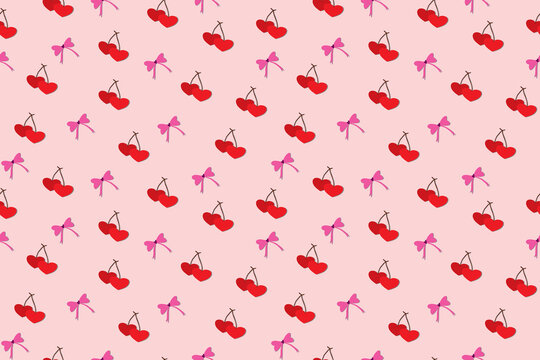 Valentine's Day | Seamless cherry and red ribbon bow pattern | Pink Sakura flower, Heart cherry | Design for pillow, blanket, rug, carpet, fabric, fashion, clothing, wallpaper, accessory