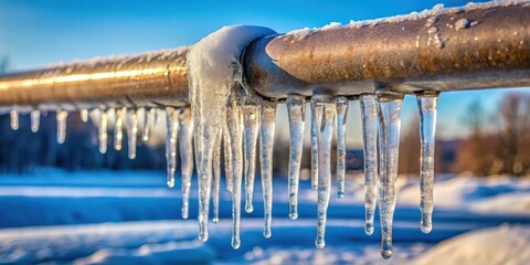 Frozen Icicles Hanging from a Metal Pipe in Winter