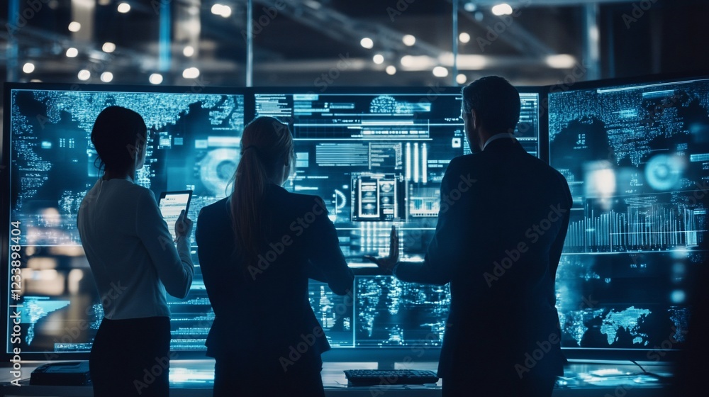 Poster team analyzing data on large screens in control room or security center