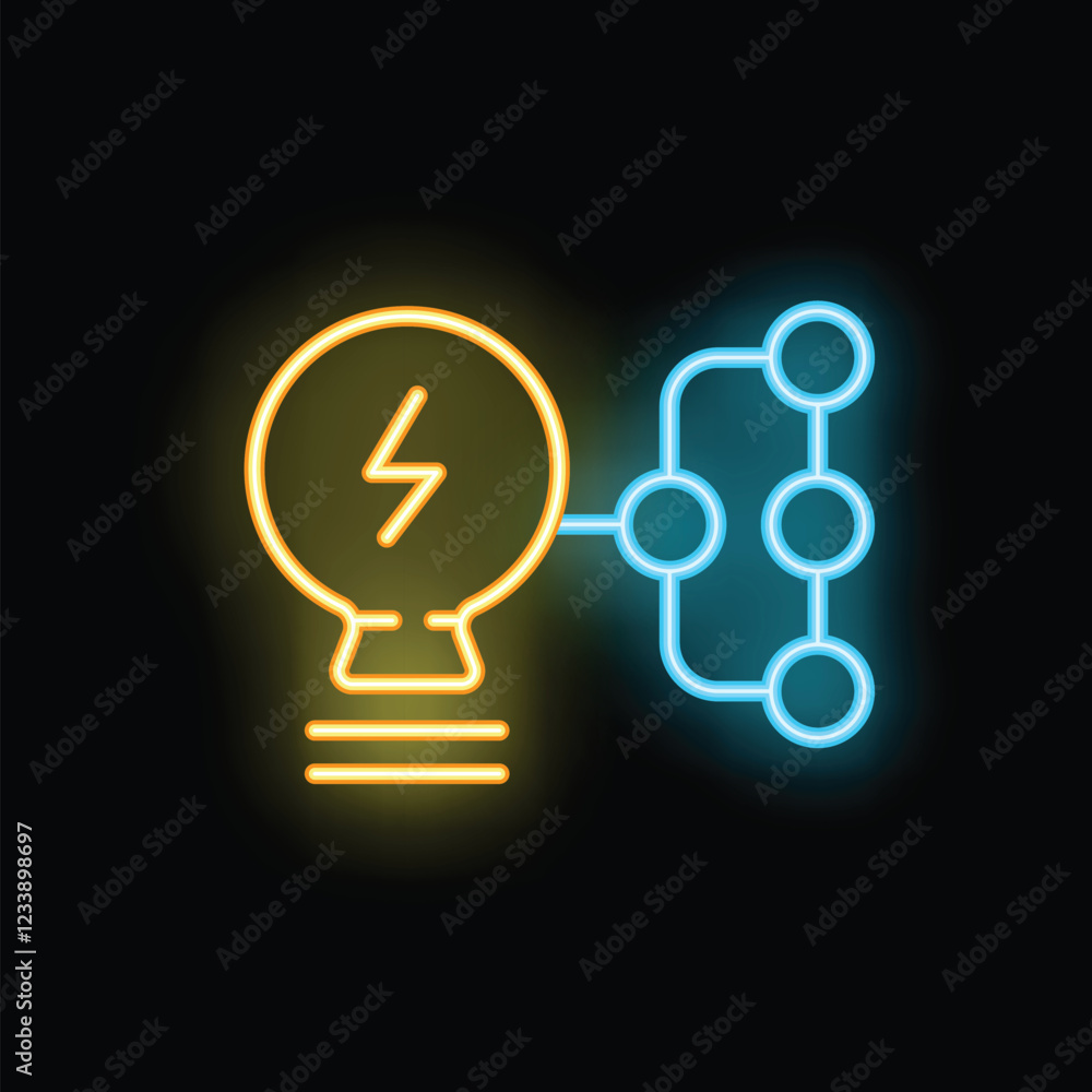 Poster neon lightbulb with a lightning bolt is connecting to a network, symbolizing the process of brainsto