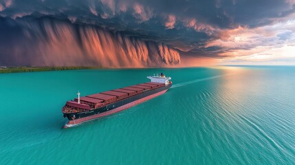 Naklejka premium Majestic Cargo Ship Sailing Towards a Dramatic Sunset Storm