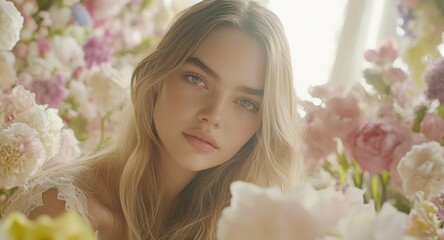 Naklejka premium Blond Woman Among Flowers: A Portrait of Serenity