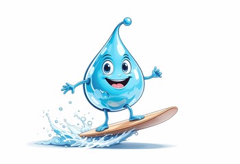Cartoon water drop surfing on a wave.