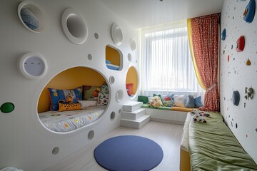 A modern Futuristic interior design style children's bedroom featuring a playful design with circular cutouts, colorful bedding, and decorative pillows. The room includes a cozy nook.