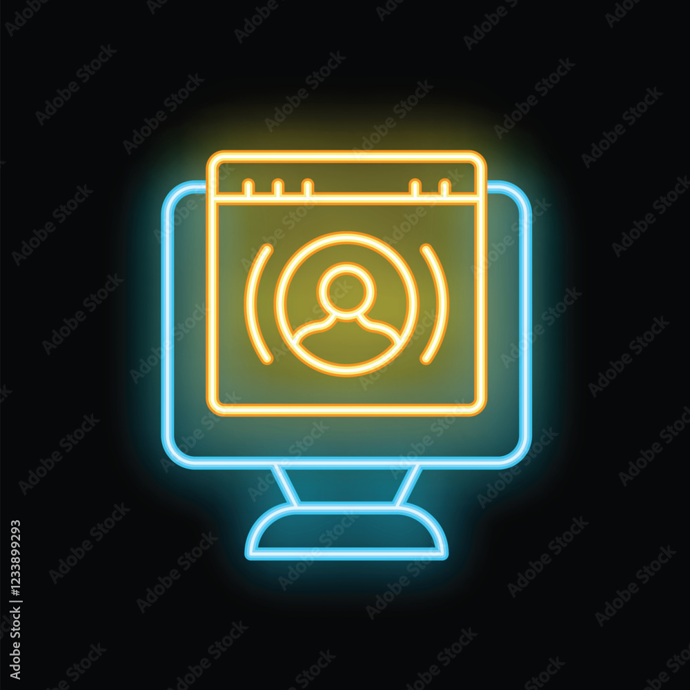Poster bright neon icon of a computer displaying a video call interface on a black background