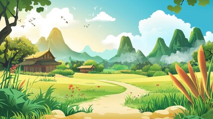 Obraz premium Serene Asian Village Landscape With Mountains And Winding Path