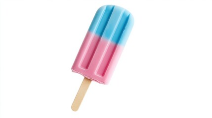 A bubblegum-flavored blue and pink popsicle ice cream, standing upright on white
