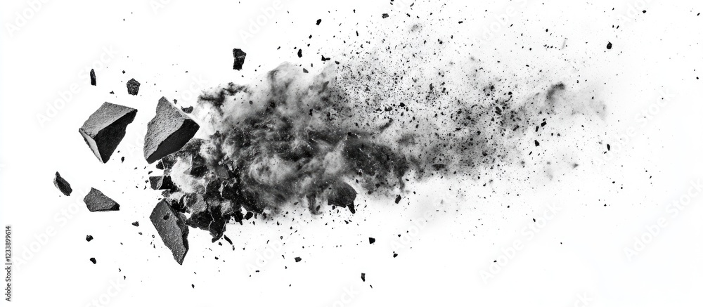 Poster abstract explosion of dark debris and powder against white background with ample copy space for text