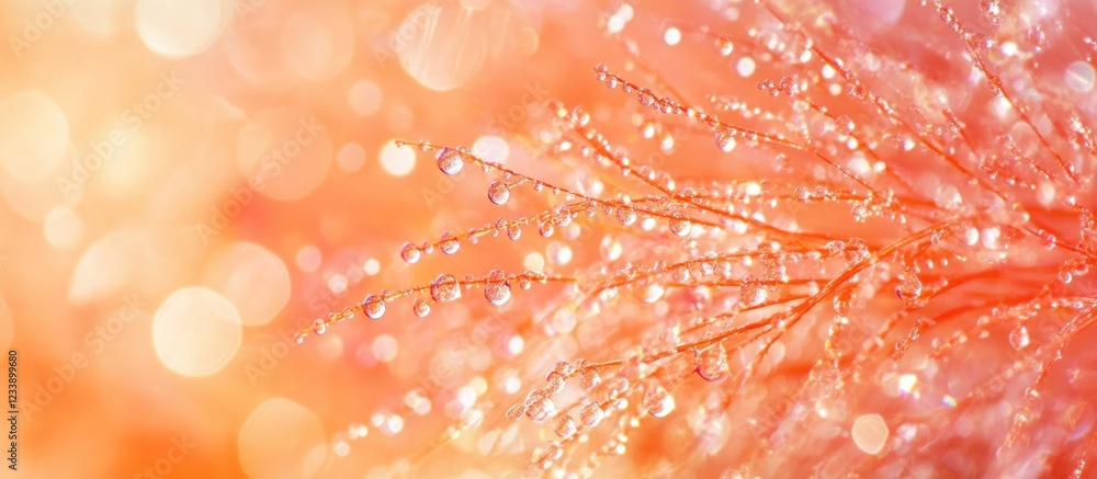 Poster macro shot of delicate water droplets on vibrant orange fibers with bokeh effect and copy space for 