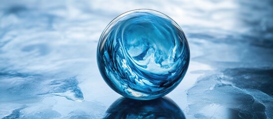 Blue glass sphere with swirling patterns on a reflective surface Copy Space
