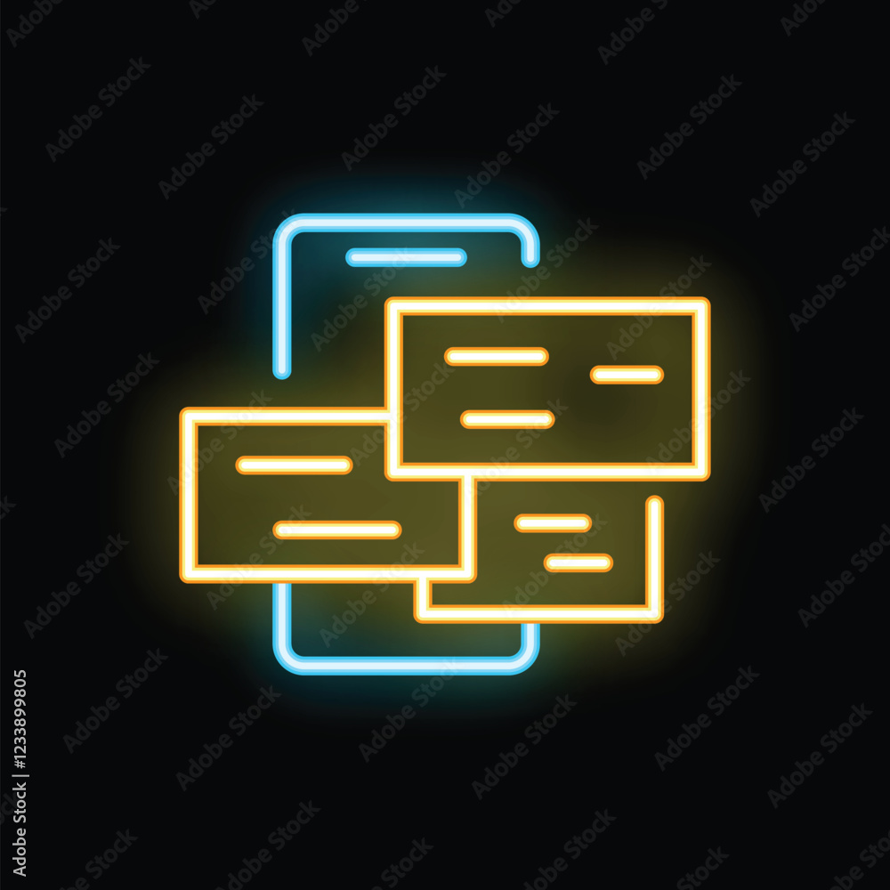 Poster glowing neon icon representing a smartphone with multiple text message bubbles, symbolizing communic