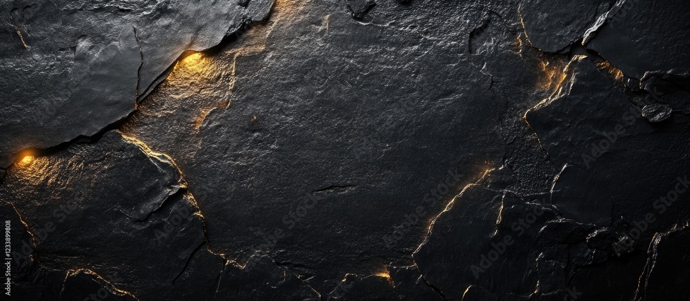 Poster black textured stone surface with illuminated cracks and copy space for text