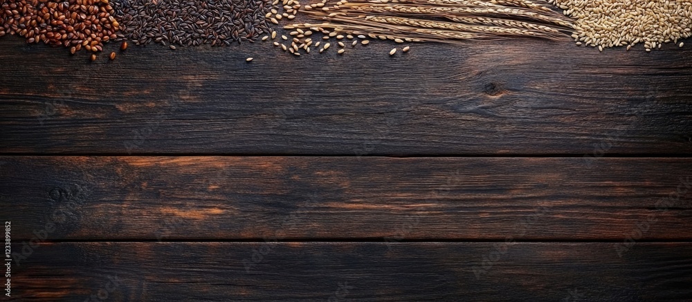 Poster various seeds and grains arranged on a dark wooden background with ample space for text placement. c
