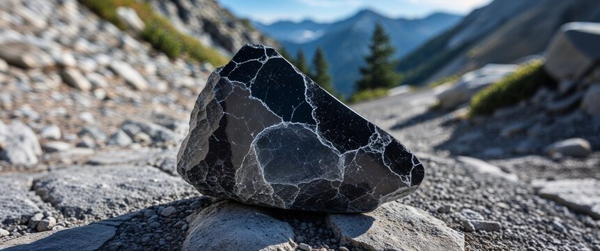 Velvety black phyllite stone in mountain trail with close up background