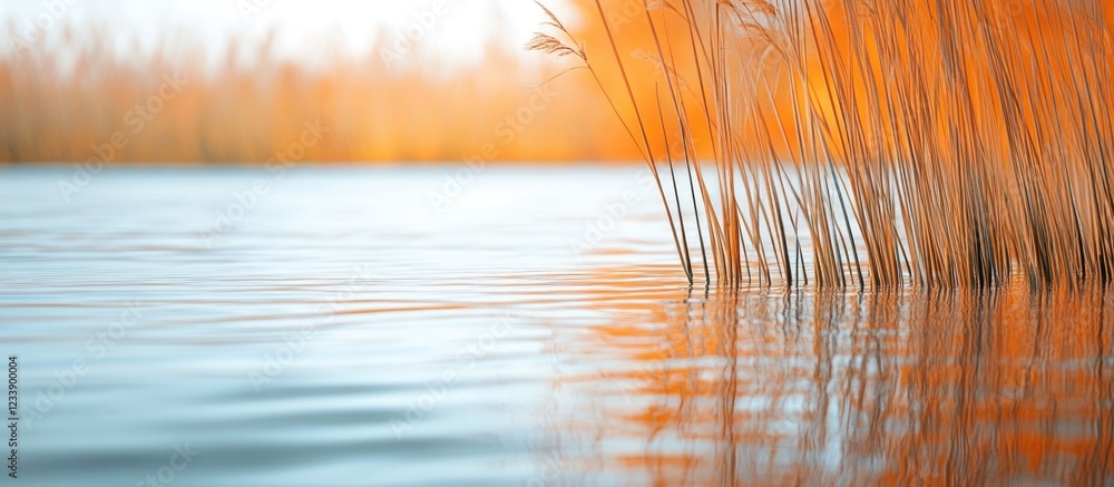 Poster reflections of reeds in calm water with warm autumn tones and copy space for text