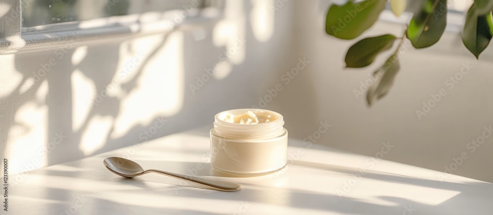 Poster moisturizing cream in an open jar with a spoon on a white table illuminated by natural sunlight with