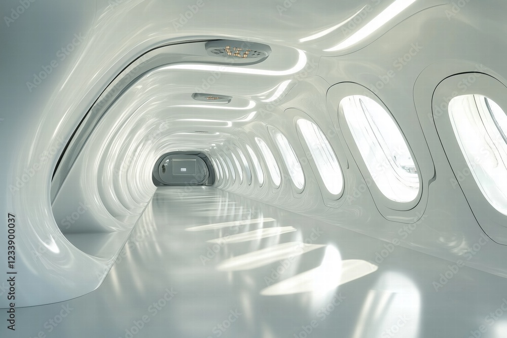 Poster a futuristic interior design style, sleek of a corridor with smooth, white walls and large, oval win
