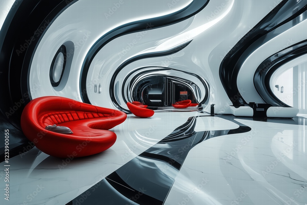 Poster a futuristic interior design style featuring smooth, flowing lines and a monochromatic color scheme.