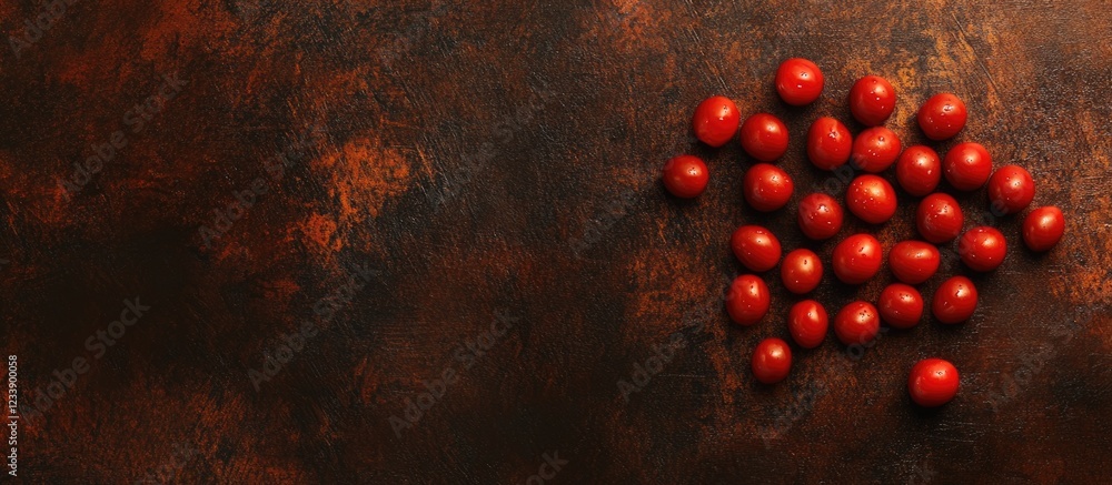 Poster red cherry tomatoes arranged on a dark textured surface with copy space for text placement.