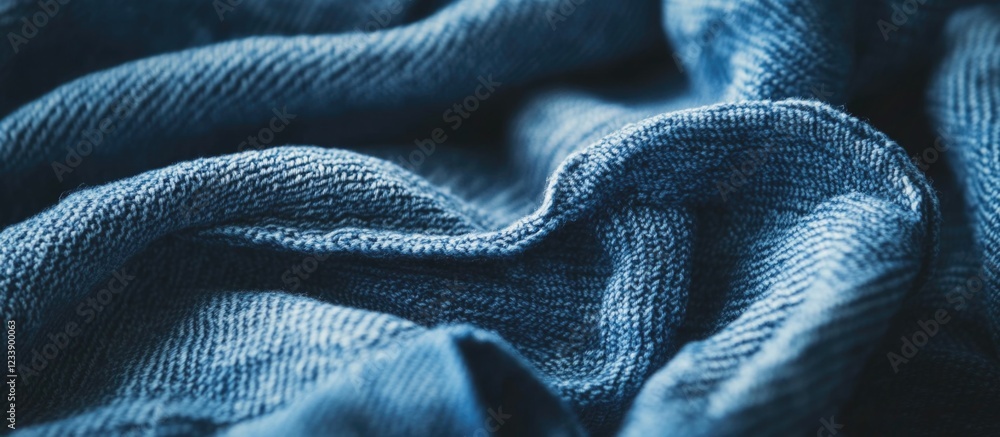Aufkleber close-up view of textured blue fabric showcasing folds and ripples with copy space for text placemen