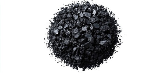 Black mineral powder heap on a white background with copy space for text.
