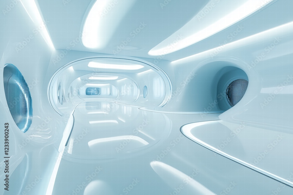 Poster a futuristic interior design style, sleek space with smooth, glossy surfaces and soft, ambient light