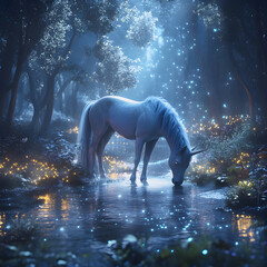 Mystical Moments: A White Horse Grazing in an Enchanted Forest Glade