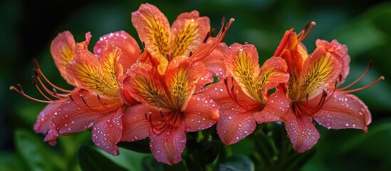 Vibrant orange flowers with yellow accents and raindrops on petals against a dark green background Copy Space