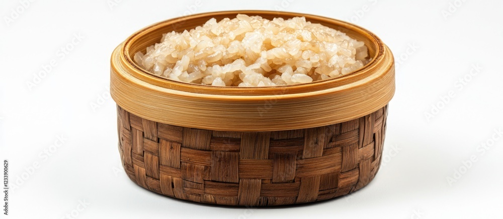 Poster bamboo container filled with uncooked rice isolated on white background with copy space
