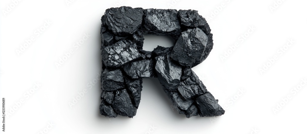 Poster black textured letter r made of cracked charcoal on a white background with ample copy space for tex