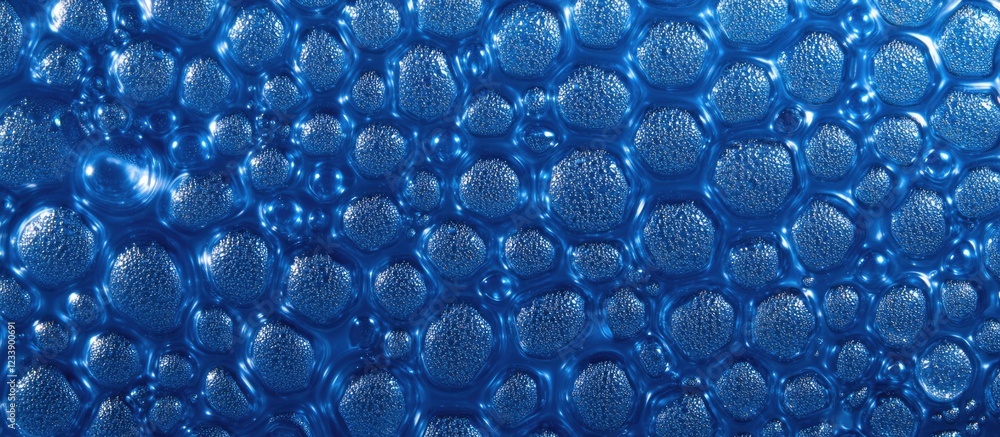 Poster blue textured surface with bubbles in various sizes and reflective highlights on a dark background, 