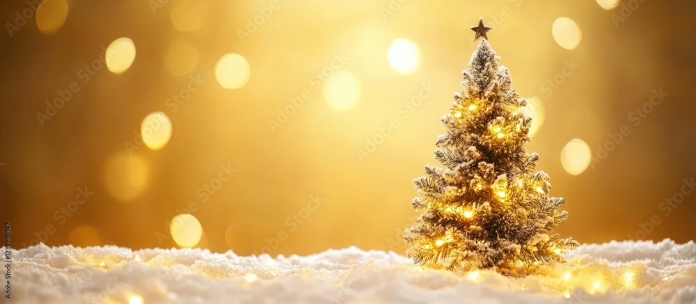 Poster christmas tree decorated with lights and star on a snowy background with golden bokeh copy space for