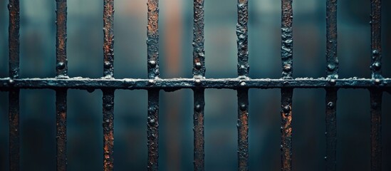 Close-up of rusty metal prison bars with blurred background and textured surfaces suitable for various design purposes Copy Space