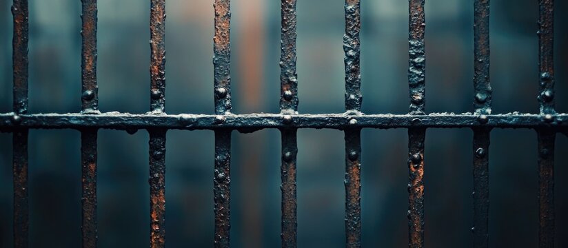 Close-up of rusty metal prison bars with blurred background and textured surfaces suitable for various design purposes Copy Space