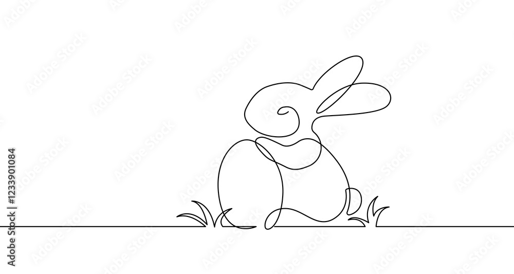 Poster continuous one line drawing of cute easter rabbit with egg. easter bunny for spring design in simple