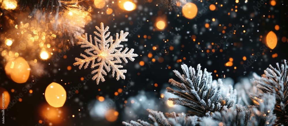 Poster close-up of snowflakes and pine branches with warm bokeh lights in winter setting