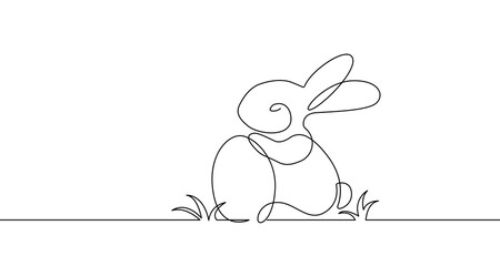 Continuous One Line Drawing of Cute Easter Rabbit with Egg. Easter Bunny for Spring Design in Simple Linear Style. Editable Stroke. Rabbit Doodle Black on White Vector Illustration