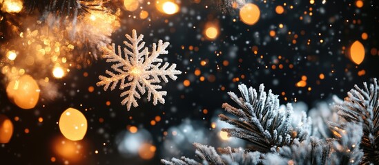Close-up of snowflakes and pine branches with warm bokeh lights in winter setting