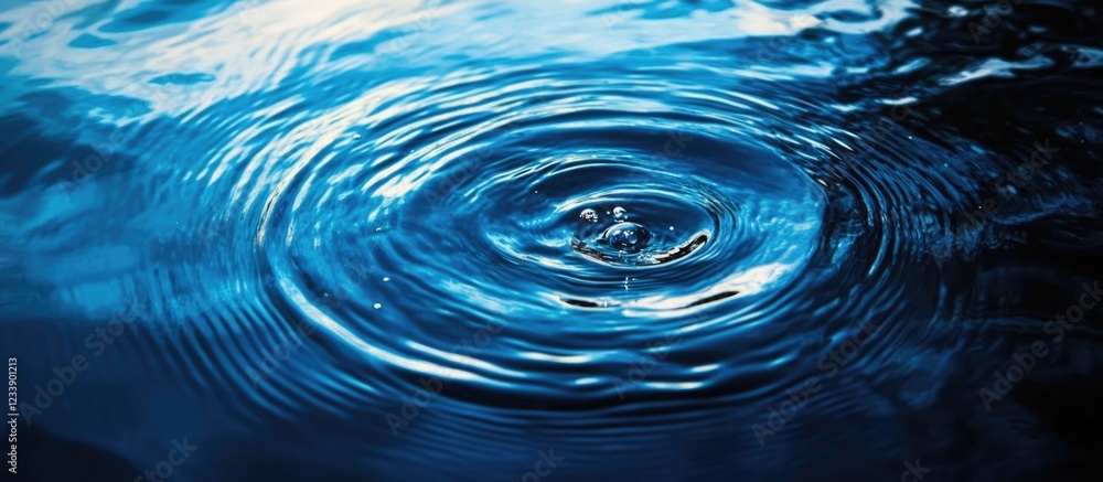 Poster rippling water surface with concentric circles and reflections against a deep blue background copy s
