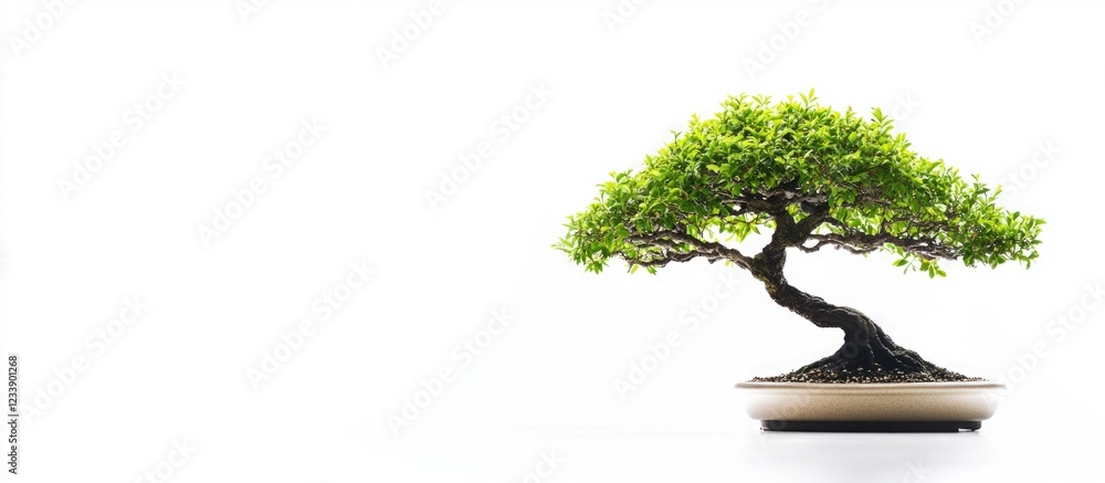 Poster bonsai tree on white background with ample copy space